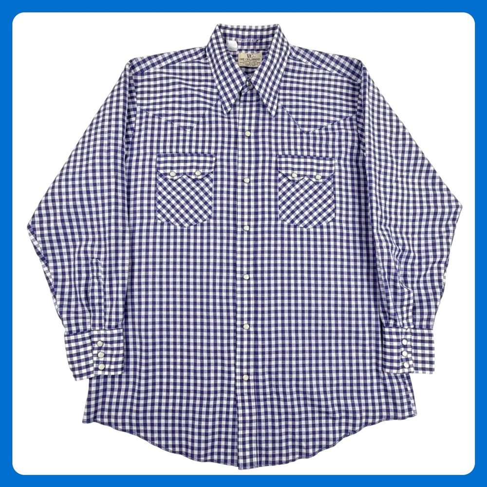 Vintage Dee Cee Brand Western Shirt Men 16.5 L Blue Gingham Check Pearl Snap USA